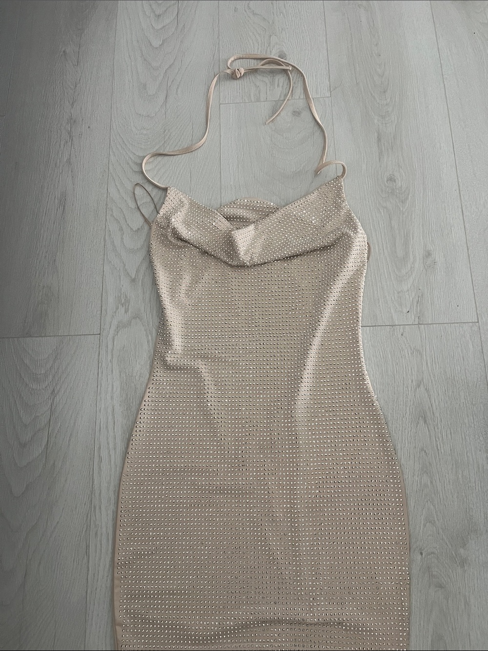 Beige Halter Cowl Neck Bodycon Dress